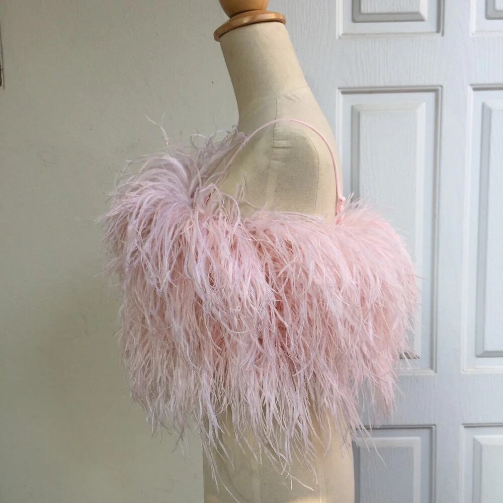 SGinstar Pink Ostrich Feather Fuzzy Sleeveless Cami Camisole Crop Tank Top Sz S - Picture 10 of 12